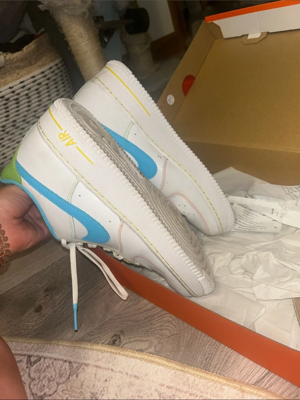 Nike Kids White Sneakers with Blue & Lime Accents